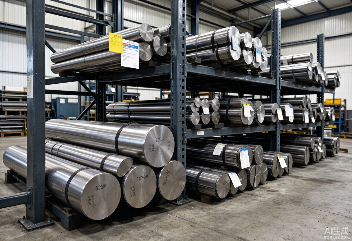 Nickel alloy material stock: stacked round bars and plates with alloy grade tags in a warehouse Hangbo Alloy