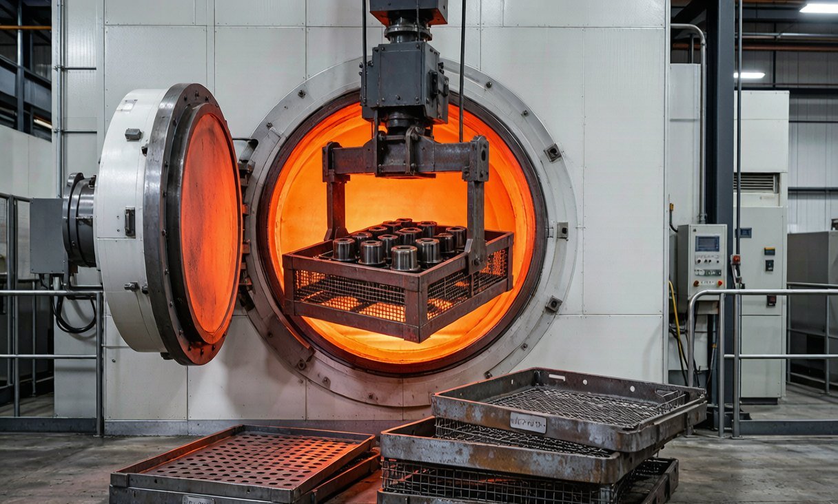 Heat-treatment furnace with nickel-chromium alloy baskets, trays and grids being loaded and unloaded - Hangbo Alloy
