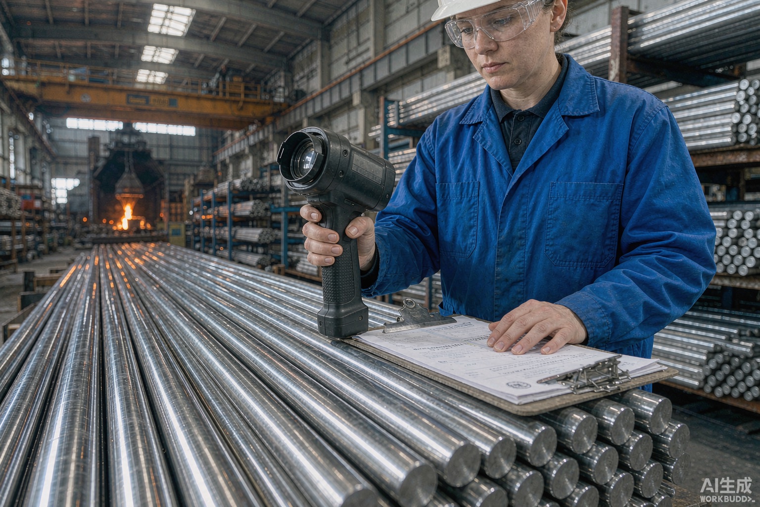 Quality inspector verifying nickel alloy round bars with a handheld analyser and checking mill test certificates on a factory floor - Hangbo Alloy