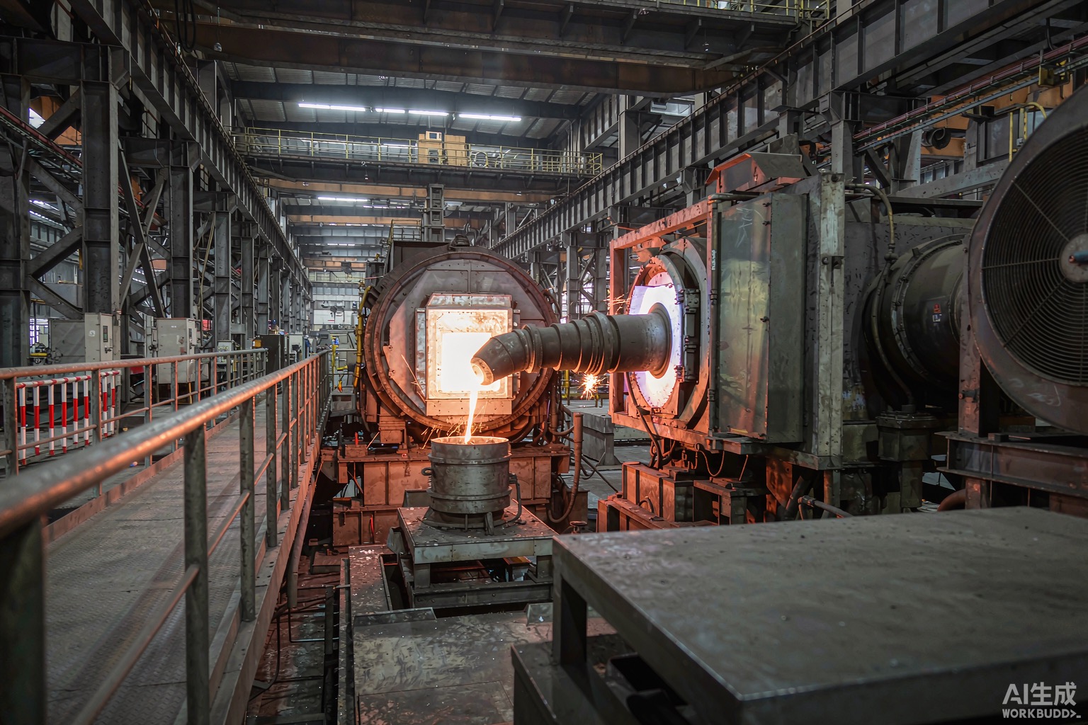 Inside a specialty nickel alloy melting plant with a vacuum induction furnace and glowing molten metal - Hangbo Alloy