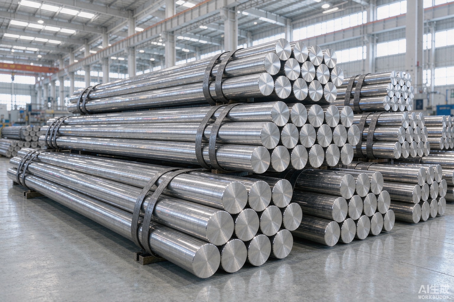 Polished nickel alloy round bars and rods bundled on a clean factory floor in a bright steel mill - Hangbo Alloy