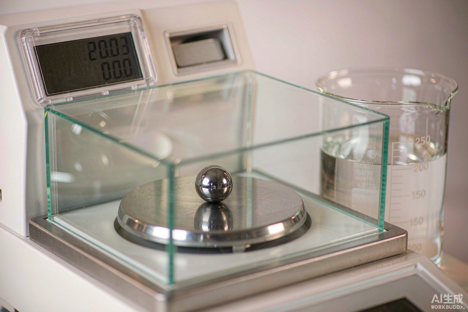 Laboratory balance weighing a nickel alloy sample beside a beaker of water for density testing - Hangbo Alloy