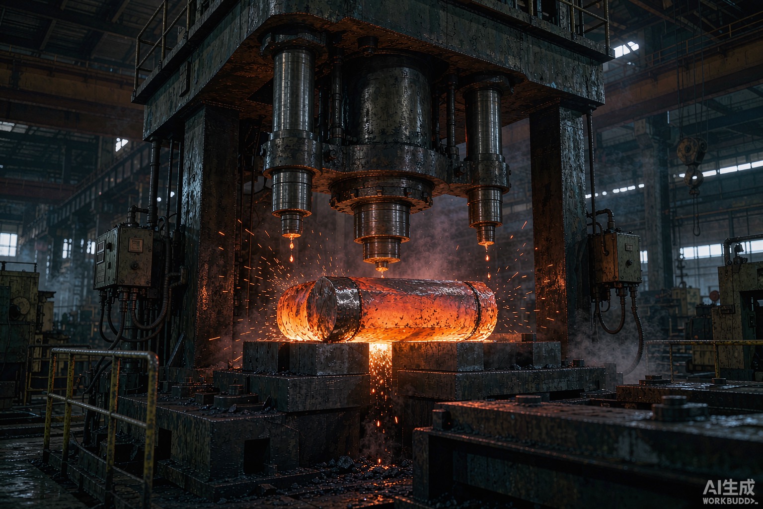 Glowing orange-hot nickel alloy billet being open-die forged under a hydraulic press with sparks - Hangbo Alloy