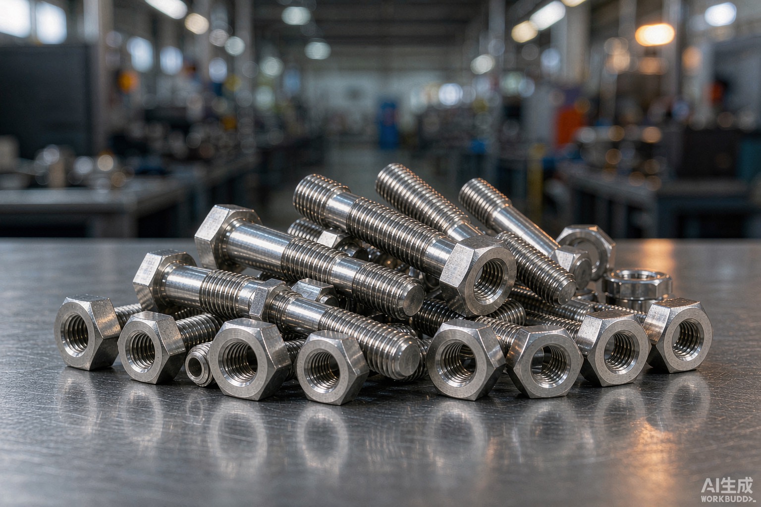 Close-up of bright nickel alloy hex bolts and studs on a steel workbench showing fine machined threads - Hangbo Alloy