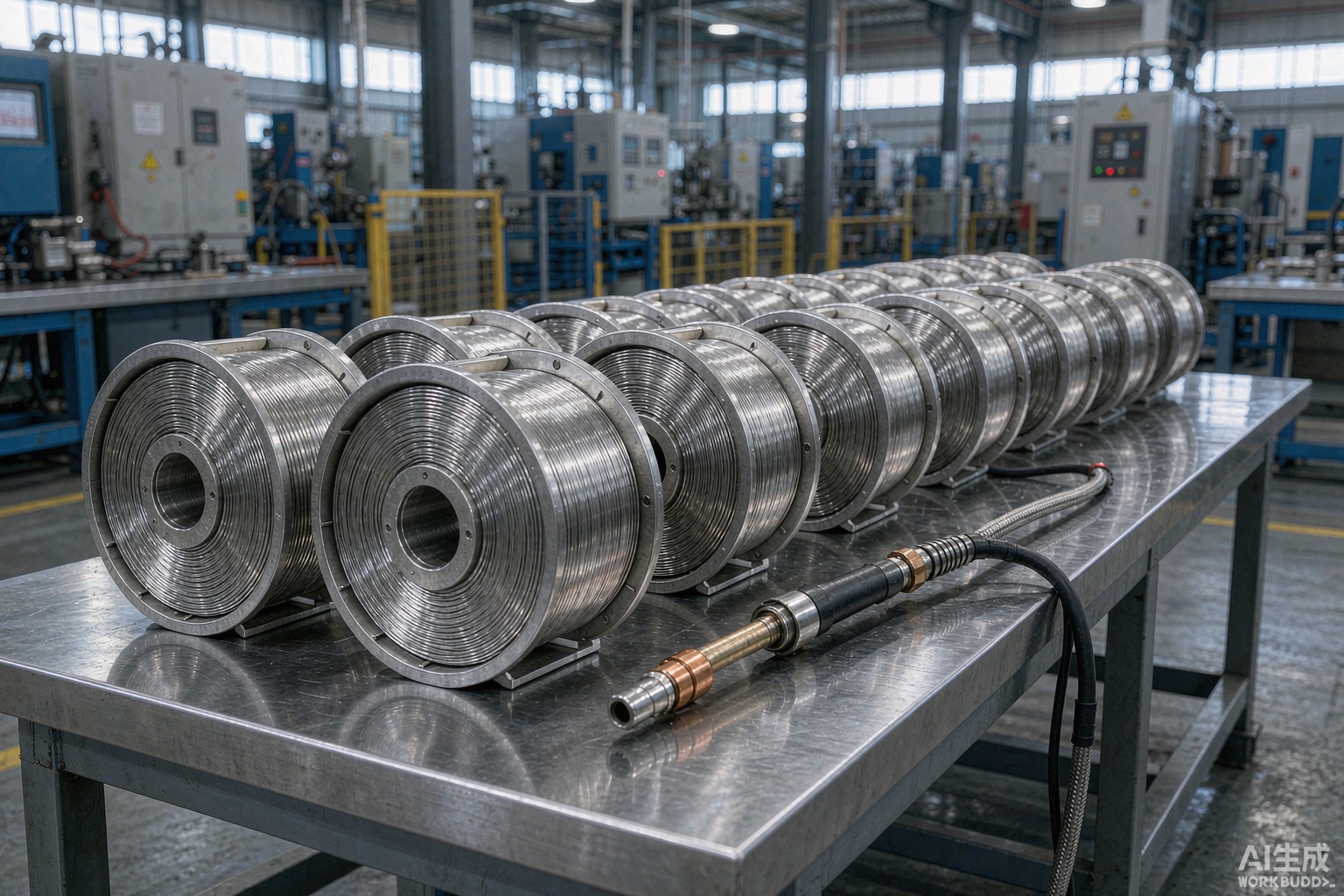 Neatly arranged spools of bright nickel alloy welding wire on a clean steel workbench in an alloy plant - Hangbo Alloy
