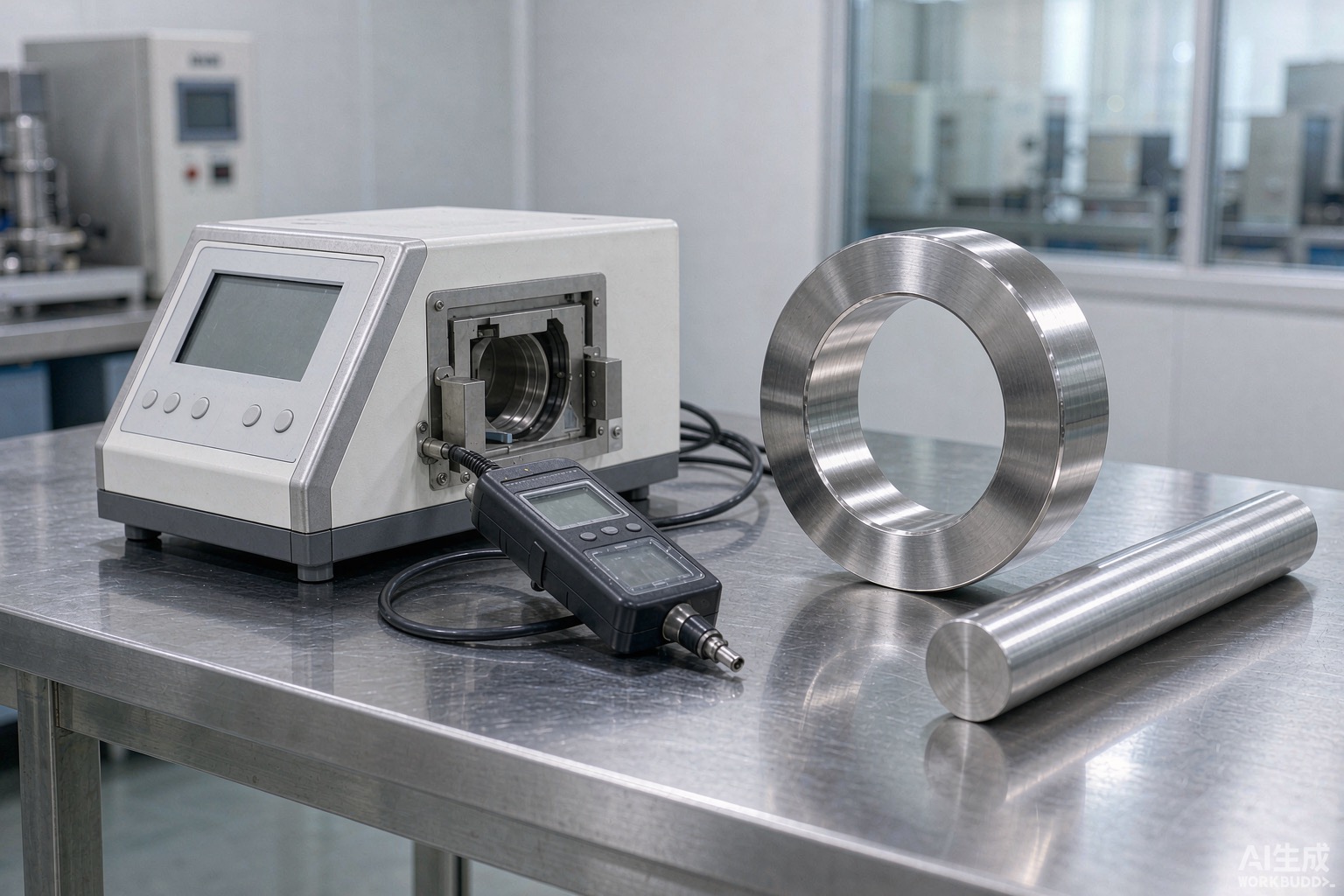 Nickel alloy ring and bar beside a permeability tester and gauss meter in a clean alloy plant lab - Hangbo Alloy
