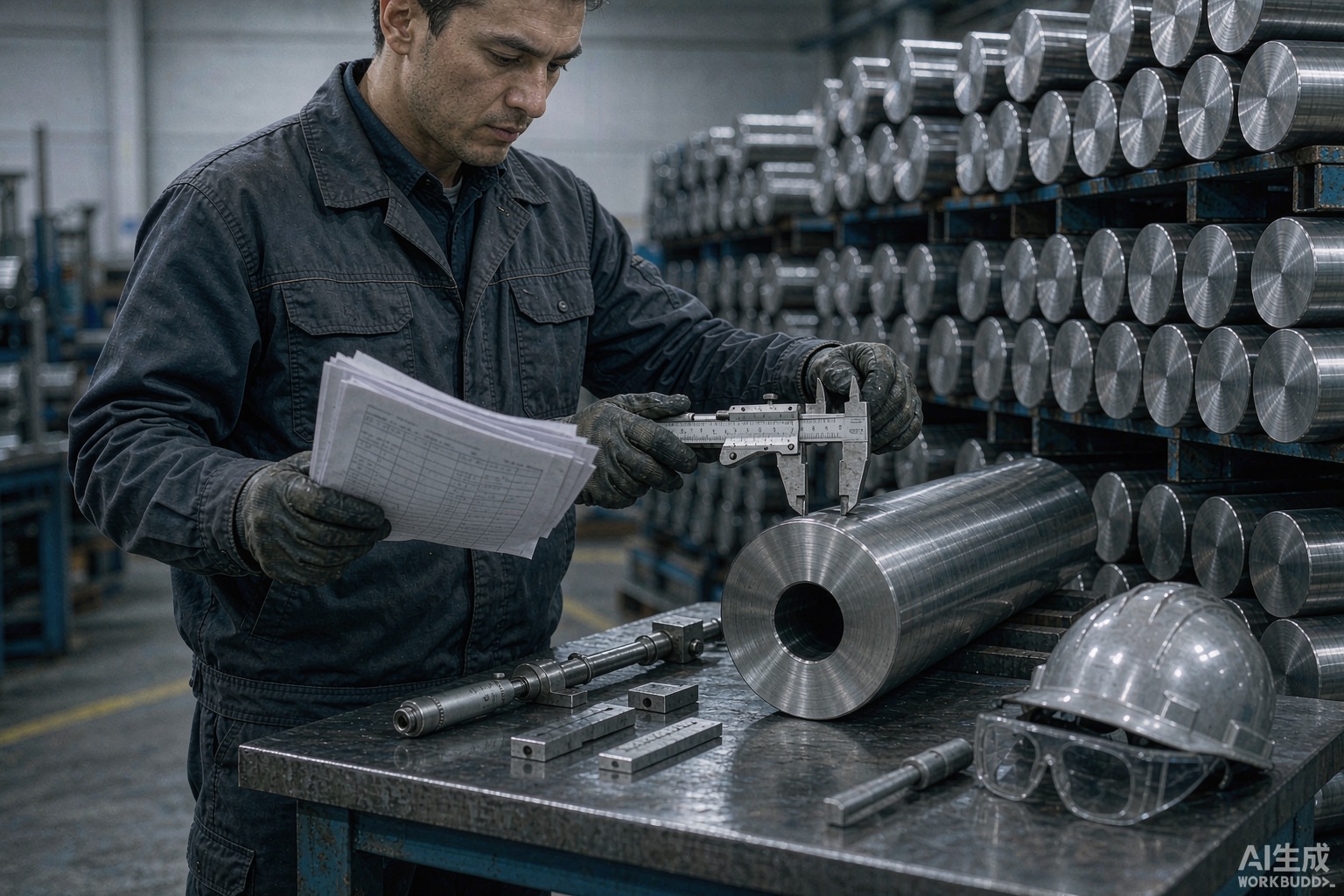 Inspector checking nickel alloy bar stock with a caliper and test report at a receiving dock in a plant - Hangbo Alloy