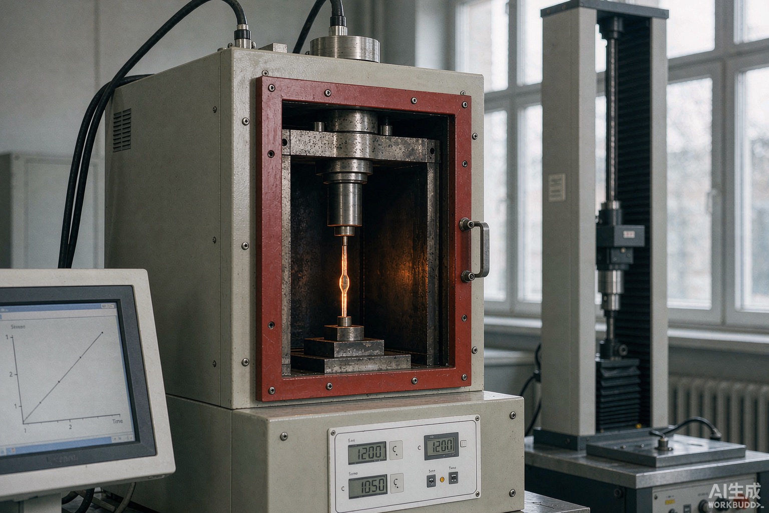 High-temperature creep rupture test furnace with a stressed nickel superalloy specimen in a materials laboratory - Hangbo Alloy