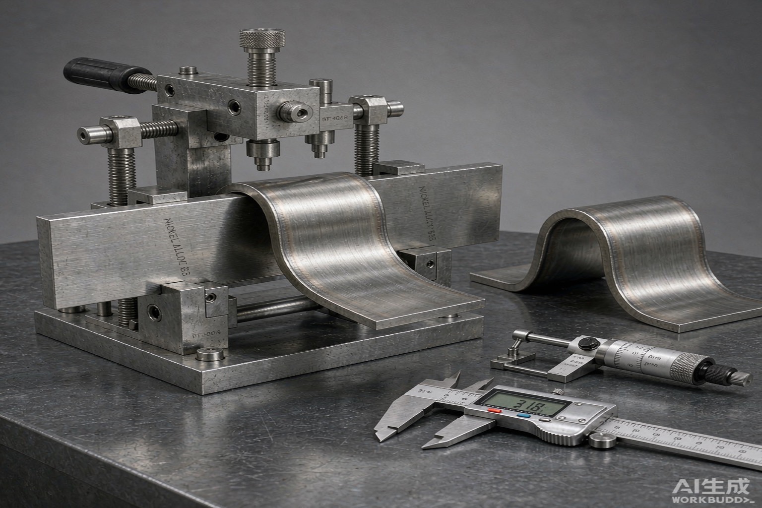A nickel alloy plate specimen clamped in a laboratory bend-test fixture with a measuring gauge and a curved sample on the bench - Hangbo Alloy
