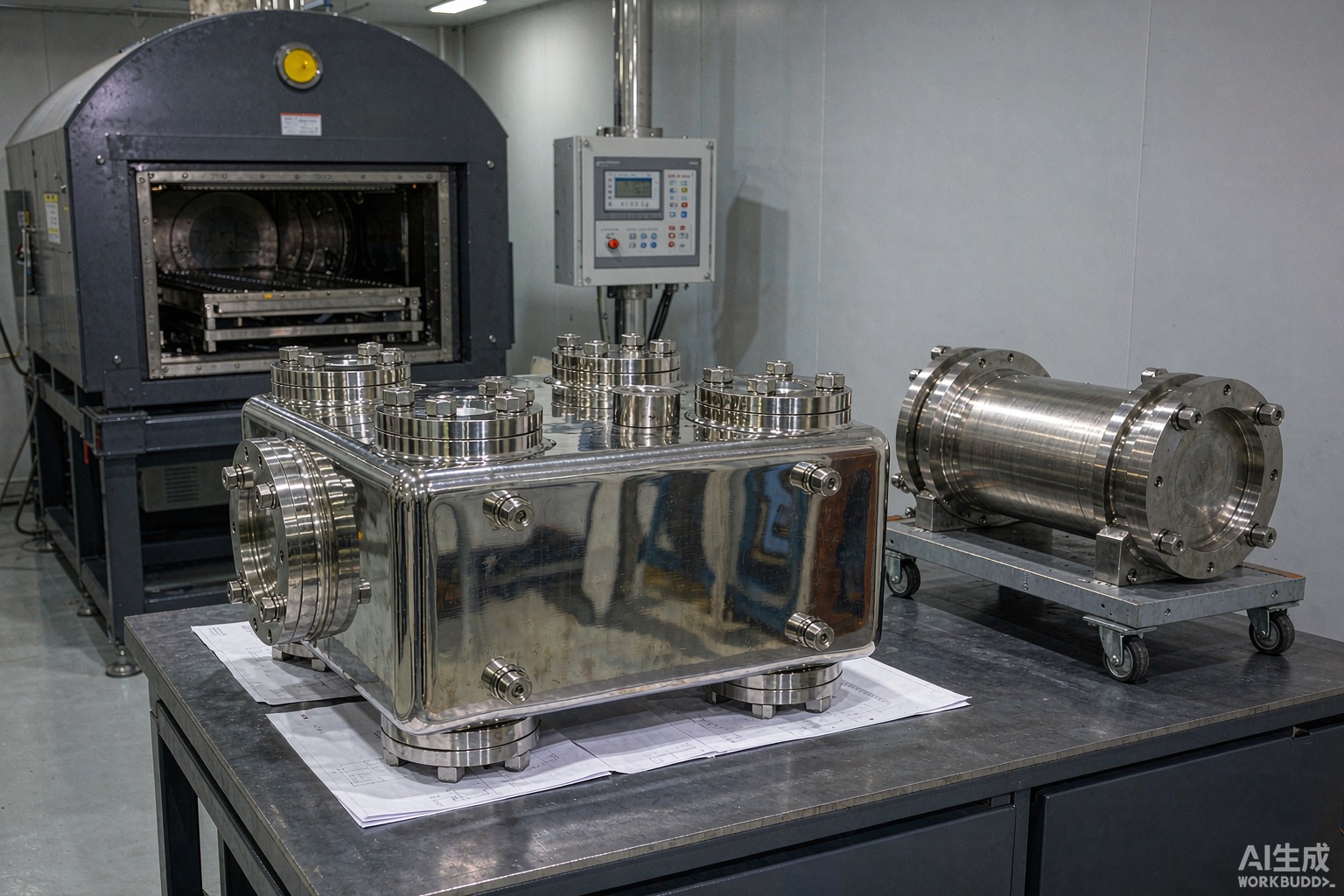 A nickel alloy component under inspection in a heat-treatment facility with a furnace and temperature controls visible - Hangbo Alloy